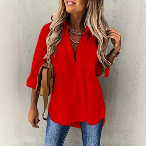 Stylish red loose-fit long-sleeve shirt with pockets and lapel collar for women