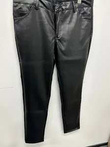 Front view of men's black PU leather slim fit pants for cycling