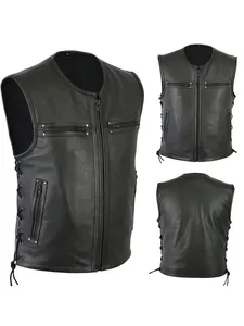 Vues détaillées d'un gilet de motard noir en cuir pour homme avec laçage et fermetures