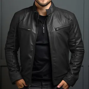 Vorderansicht einer schmal geschnittenen schwarzen Herren Lederjacke mit Reißverschlüssen.