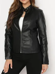 Veste de moto moderne en similicuir noir pour femme avec un col montant élégant