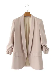 Elegante blazer de mujer color albaricoque con mangas plisadas modernas y frente abierto