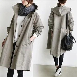Eleganter, lässiger, mittellanger Kapuzen-Trenchcoat für Damen mit verstellbarem Kordelzug