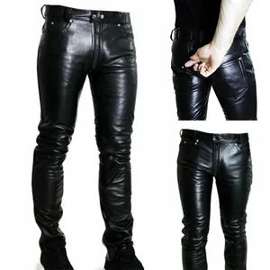 Ανδρικό Παντελόνι από Δέρμα PU Slim Fit Streetwear Μαύρο Παντελόνι Μοτοσικλέτας με Φερμουάρ Casual Παντελόνι