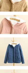 Detailed view of women's hooded padded jacket in multiple soft colors
