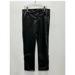 Detailed front view of men's black PU leather pants with windproof straight-cut design
