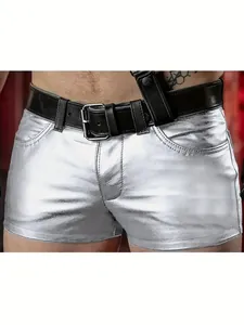 Close-up of silver metallic PU leather shorts for men with black belt detail