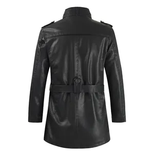 Back view of men's mid-length black faux leather trench coat featuring waist detail