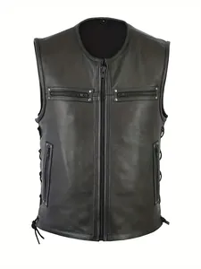 Vue détaillée d'un gilet en cuir noir avec poches zippées et laçage latéral