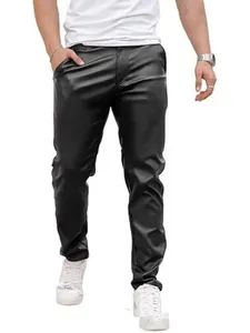 Close-up front view of slim fit black PU leather men's motorcycle pants with smooth finish