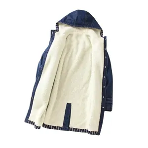 Long denim jacket for women featuring a thick white sherpa lining and a cozy hood