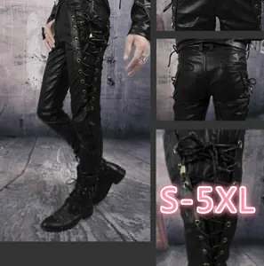 Dettaglio dei pantaloni in pelle PU nera da uomo con lacci laterali gotici, taglie S-5XL.