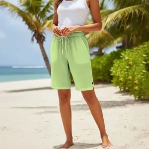 Short décontracté en coton et lin vert clair pour femme avec cordon de serrage et poches