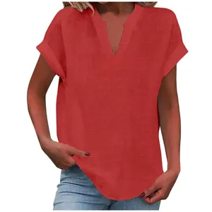 Close-up of red V-neck linen-textured short sleeve blouse for women
