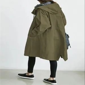 Lässiger olivgrüner mittellanger Damen-Windbreaker mit Kapuze und Kordelzug