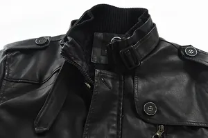 Close-up detail of a men's black leather jacket featuring a ribbed stand collar and epaulets.