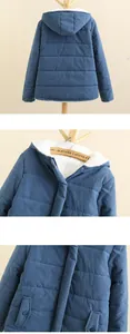 Detail view of blue hooded quilted jacket with soft white fleece lining and pockets