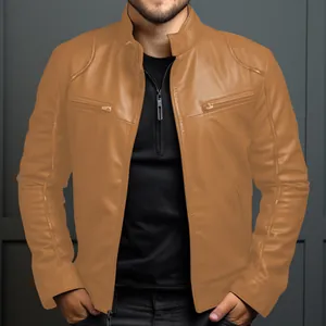 Detailansicht der kamelfarbenen Herren-Lederjacke mit Stehkragen und schmaler Passform