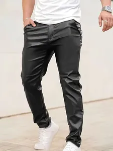 Detailed view of men's slim-fit black PU leather trousers in a motorcycle style