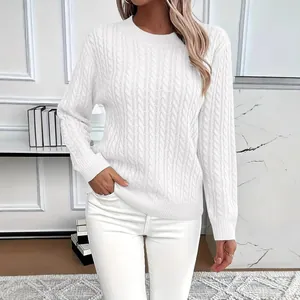 Elegant white women's long sleeve classic cable knit round neck sweater for casual wear