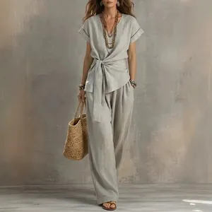 Women's two-piece solid color linen-style set with V-neck tie-waist top and wide-leg pants