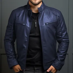 Nahaufnahme einer dunkelblauen Slim-Fit Herren-Lederjacke mit Stehkragen-Detail