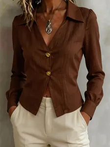 Detailed shot of a professional brown long-sleeve V-neck blouse with gold button accents