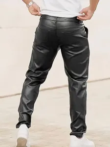Detailed back view of men's slim fit black PU leather pants in a stylish motorcycle design