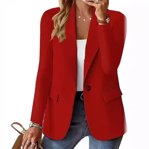 Elegante rode damesblazer met lange mouwen, casual effen jasje voor de herfst stijl