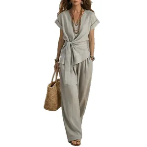 Women's chic linen 2-piece set with V-neck tie-waist top and matching wide-leg trousers