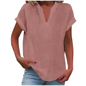 Detailed view of women's summer short sleeve V-neck blouse in dusty pink linen texture