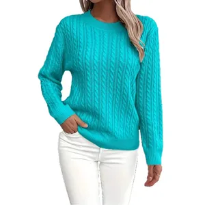 Stylish women's classic turquoise cable-knit round neck long sleeve cozy knitwear sweater