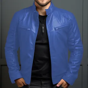 Nahaufnahme einer modischen, schmal geschnittenen blauen Herren-Motorradlederjacke