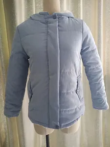 Detailed front view of a light blue hooded winter jacket with warm fleece lining