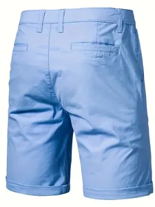Back view detail of light blue men's slim fit cotton casual shorts with rear pockets.