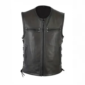 Gilet de Moto en Cuir de Cheval Véritable pour Hommes Punk Rivet Laçage Latéral Fermeture Éclair Veste sans Manches Biker Top