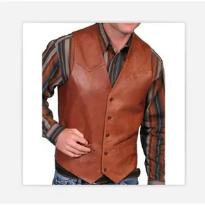 Vintage braune Lederweste für Herren mit einreihigem Design und klassischem V-Ausschnitt.