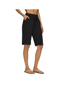 Bermuda décontracté noir en coton et lin pour femme avec taille à cordon et poches