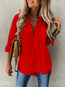 Levendige rode blouse met lange mouwen, revers en zakken voor dames casual dagelijks.