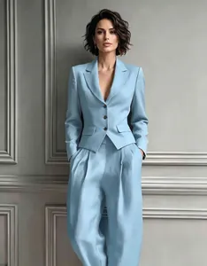 Front view of an elegant light blue single-breasted blazer and trousers suit set