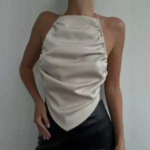 Élégant haut dos nu en satin champagne avec un ourlet pointu irrégulier pour femmes