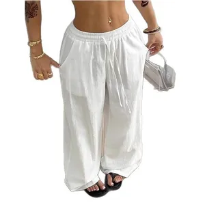Women's elegant white loose-fit wide-leg cotton linen casual trousers for summer
