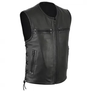 Gilet de moto classique en cuir noir pour homme avec fermeture éclair et lacets latéraux