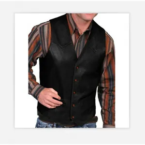 Hochwertige schwarze Lederweste für Herren im Retro-Stil mit einreihigem V-Ausschnitt