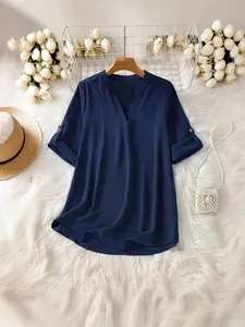Blouse élégante pour femme à col en V bleu marine, coupe ample décontractée pour le printemps