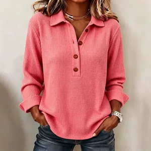 Polo da Donna a Trama a Nido d'Ape a Manica Lunga Vestibilità Ampia Colletto a Revers Top con Bottoni Tinta Unita Casual Autunno Primavera