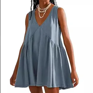 Stylish casual V-neck sleeveless pleated tank dress for women in soft blue-grey