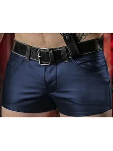 Close-up shot showing texture of men's navy blue PU leather shorts with a black belt.