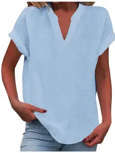 Women V Neck Short Sleeve Top Cotton Linen Casual Loose Solid Color Rolled Sleeve Summer T-Shirt Plus Size Pullover Blouse