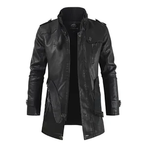 Stylish black men's mid-length faux leather trench coat with slim fit stand collar